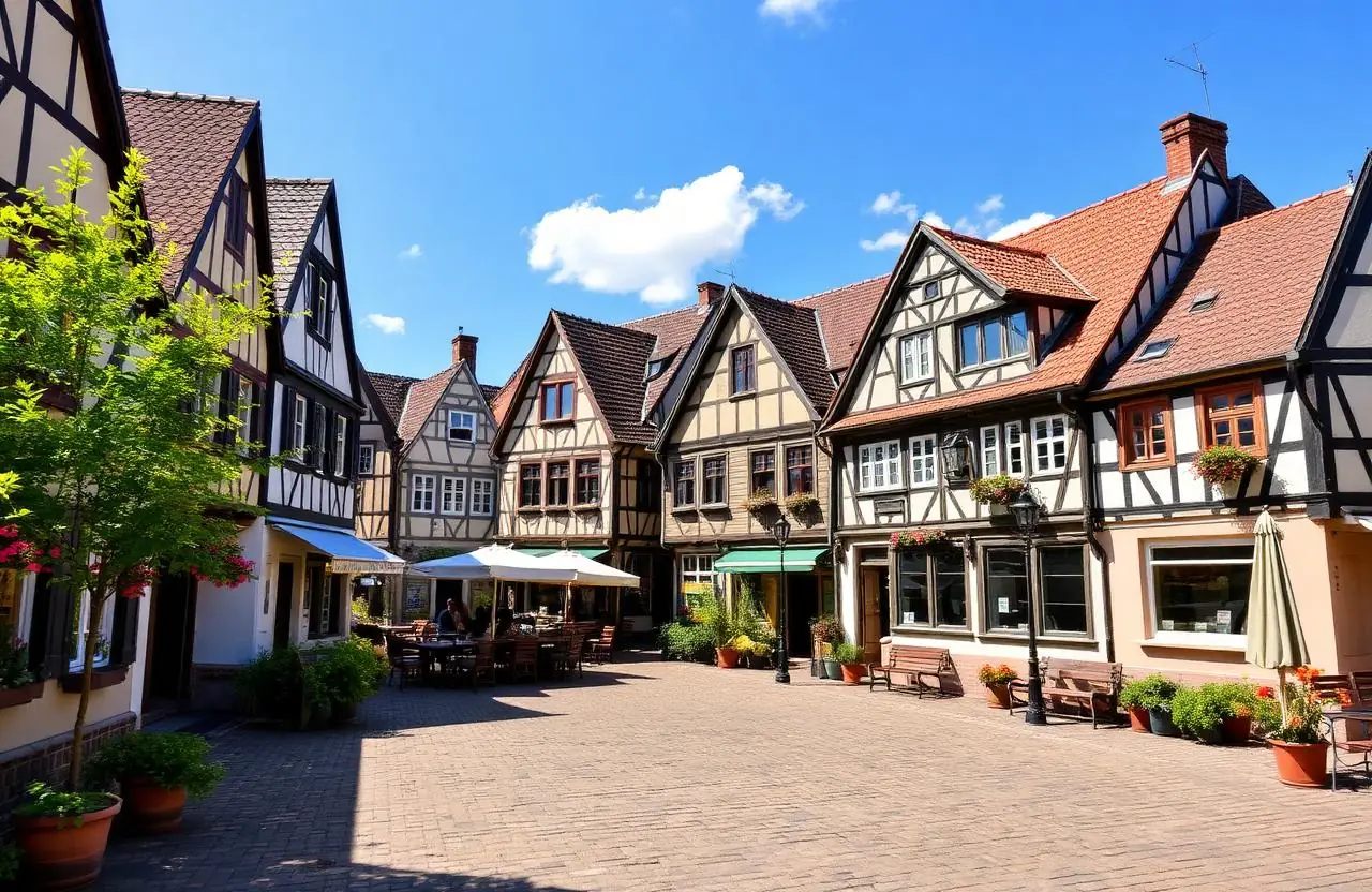 Historischer Fachwerkmarktplatz in einer kleinen Anhaltiner Stadt mit Cafés und Sonnenschirmen