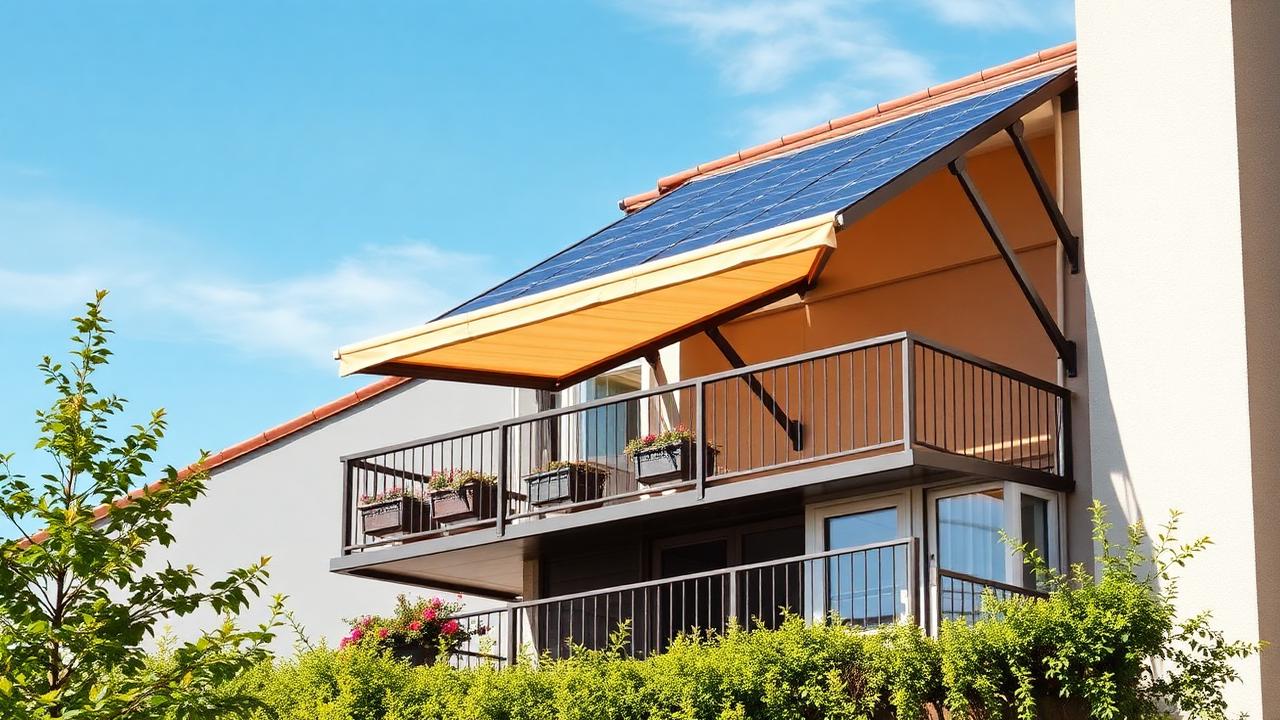 Balkonkraftwerk an Mehrfamilienhaus-Balkon mit Stadt-Hintergrund – Solarpaket 2026
