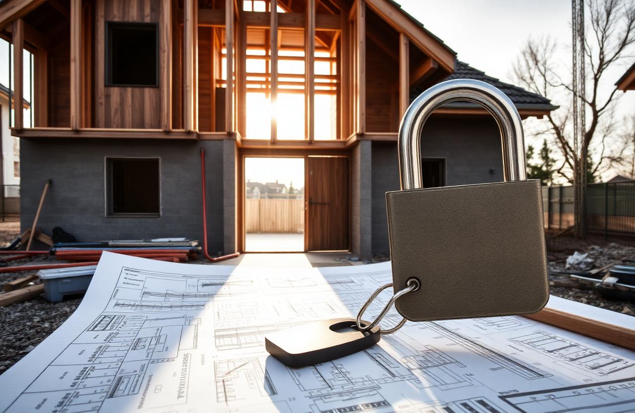 Verschlossenes Tor an einer halbfertigen Baustelle mit Bauplänen und Schlüssel – Bauträger-Insolvenz und gestoppter Wohnungsbau
