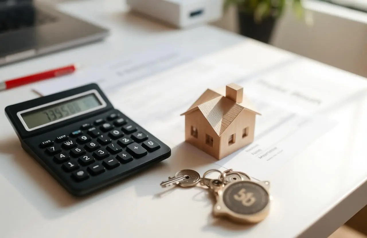 Taschenrechner, Hausmodell und Schlüssel auf einem Schreibtisch – Symbolbild für Bauzinsen und Immobilienfinanzierung