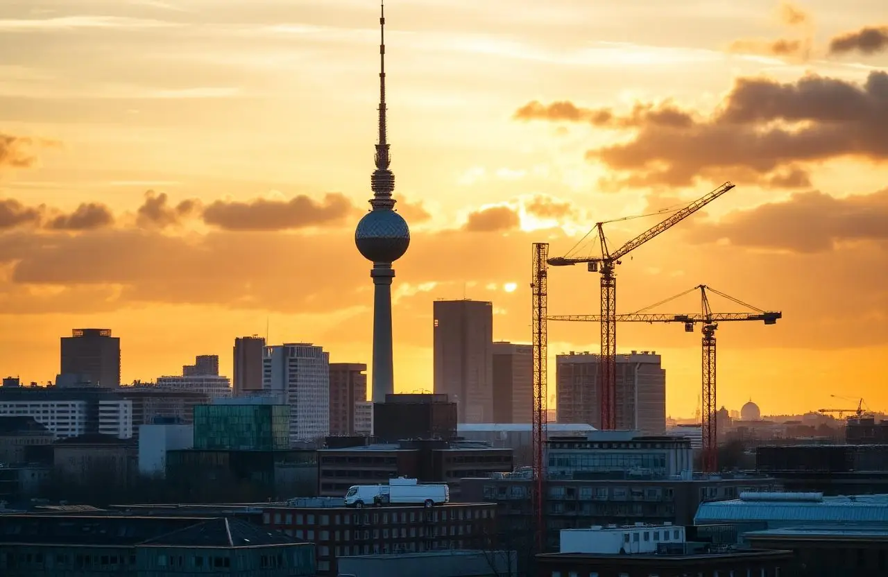Berliner Skyline mit Fernsehturm und Baukränen im Abendlicht – Symbolbild Stadtentwicklung 2026