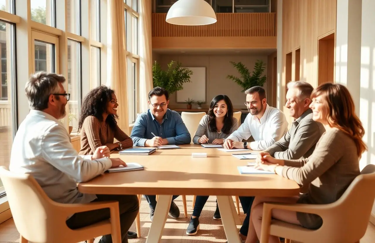 Eigentümerrunde an einem hellen Holztisch in einem modernen Gemeinschaftsraum