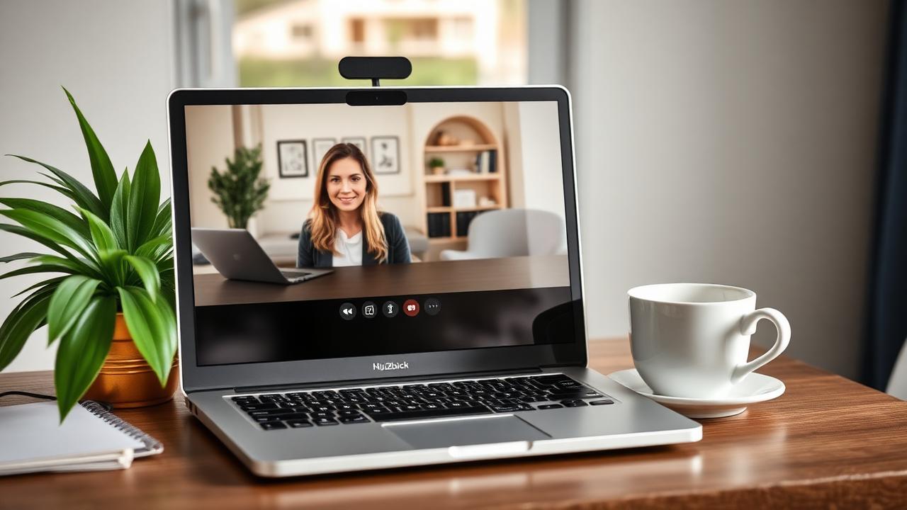 Hybride Eigentümerversammlung mit Laptop und Beamer im hellen WEG-Gemeinschaftsraum