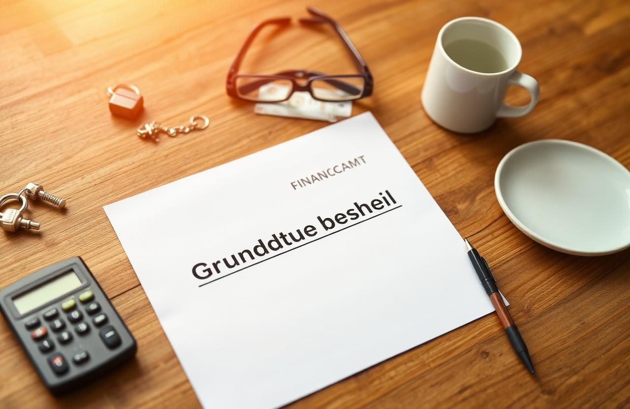 Grundsteuerbescheid vom Finanzamt mit Taschenrechner und Stift auf Holztisch – Grundsteuerreform 2025 prüfen