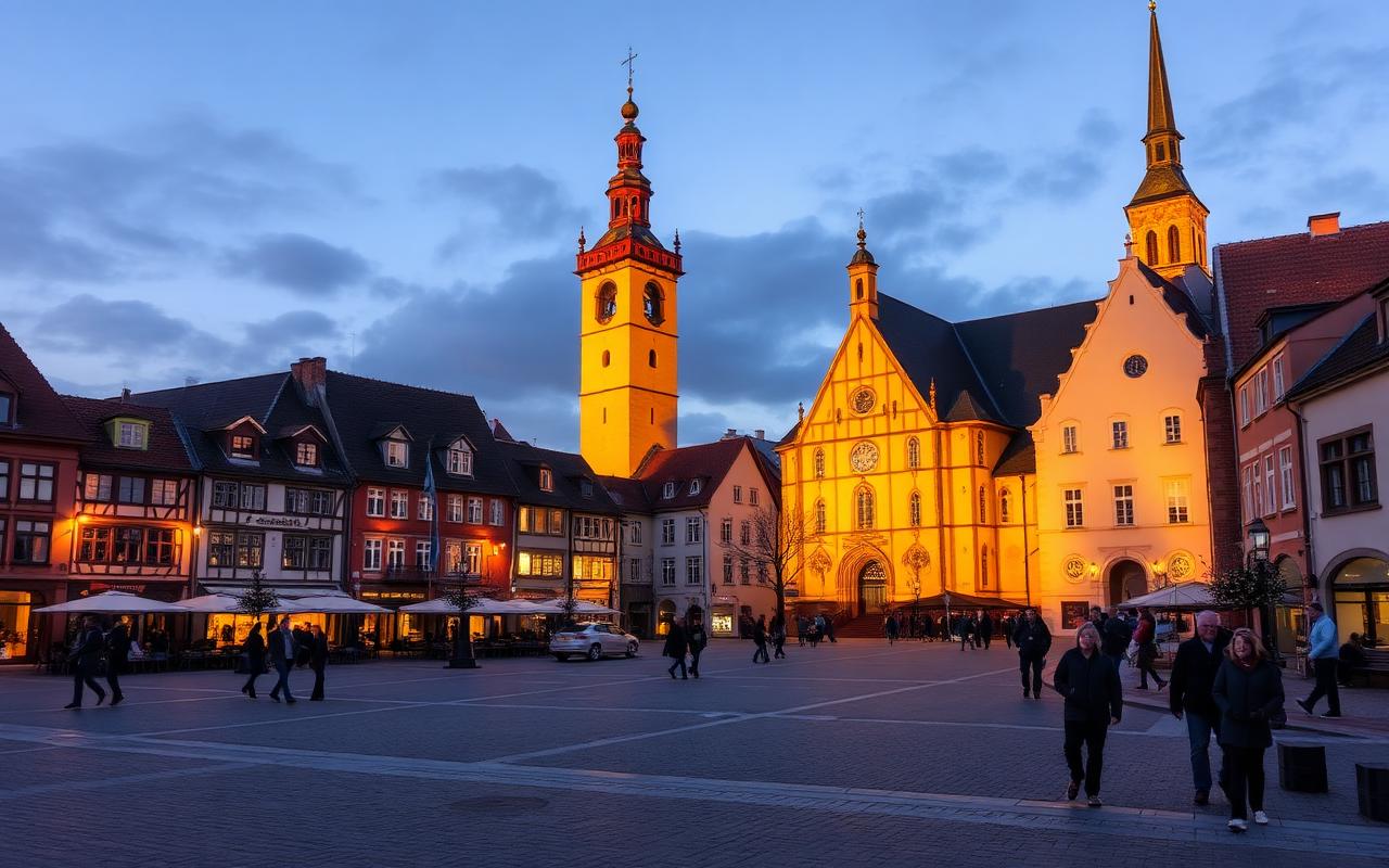 Marktplatz von Halle (Saale) mit Roter Turm und Marienkirche im Abendlicht – Hausverwaltung Halle