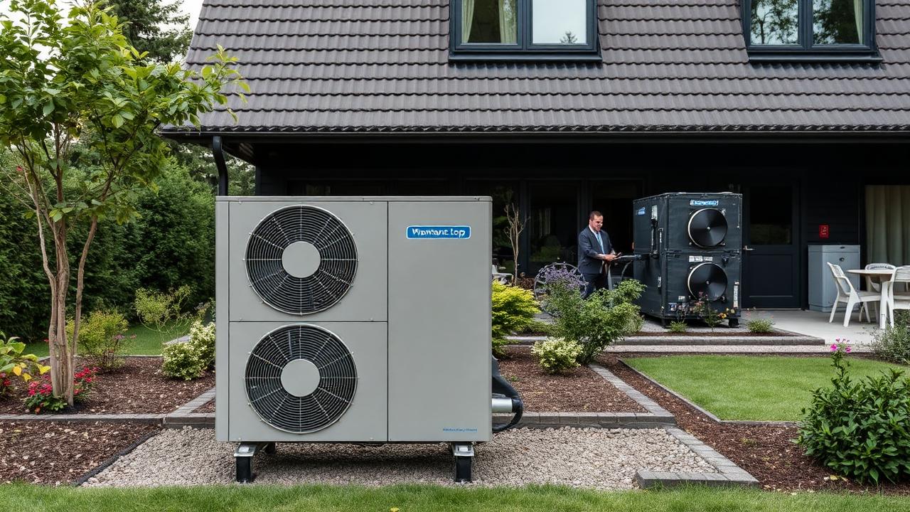 Wärmepumpe vor saniertem Mietshaus mit Photovoltaik – Heizungsgesetz Mietshaus 2026