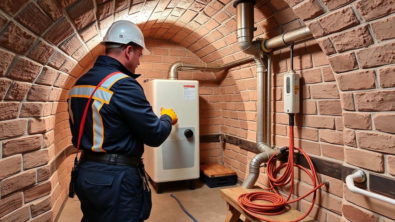 Außeneinheit einer modernen Wärmepumpe an einem hellen Wohnhaus im Sonnenlicht