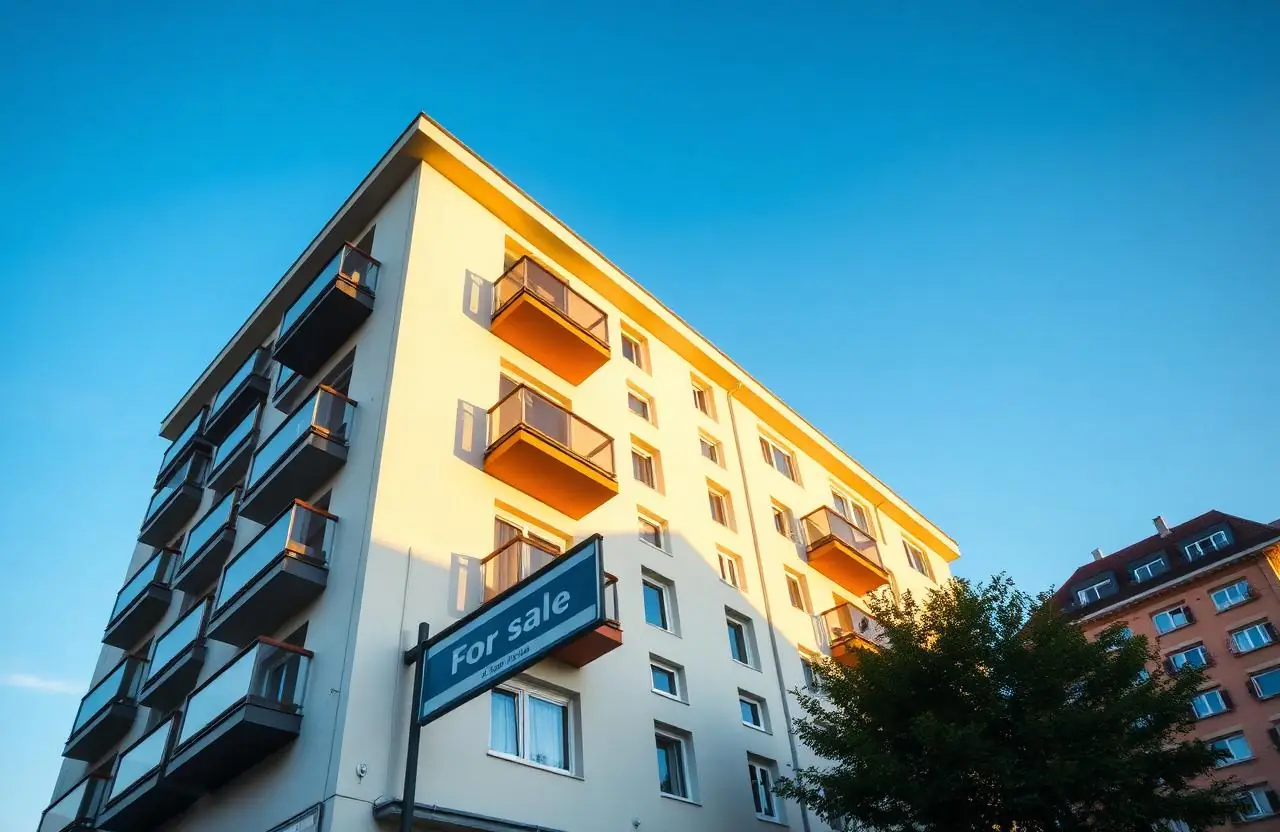 Modernes Mehrfamilienhaus mit Verkaufsschild im goldenen Abendlicht