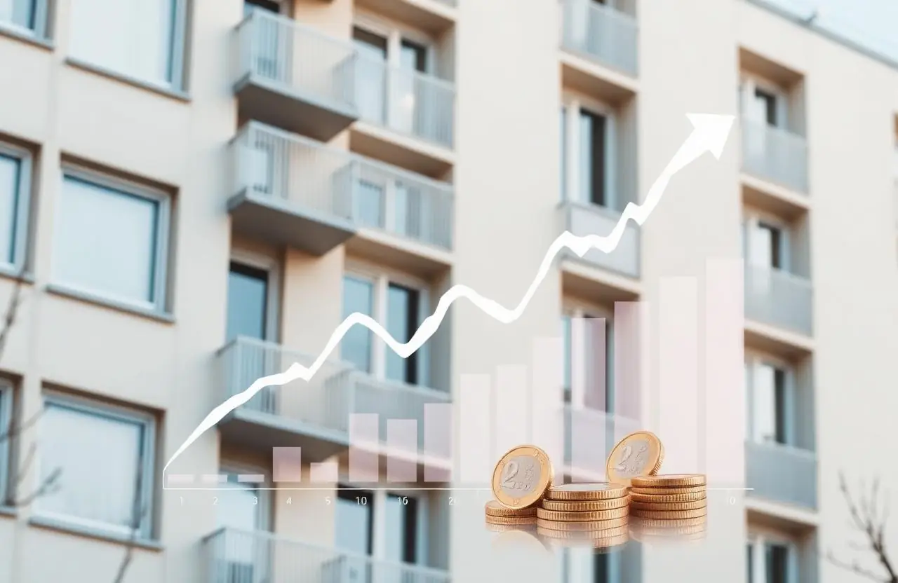 Mehrfamilienhaus mit grafischer Zinskurve und Euro-Münzen – Symbolbild für Immobilienkredite 2026
