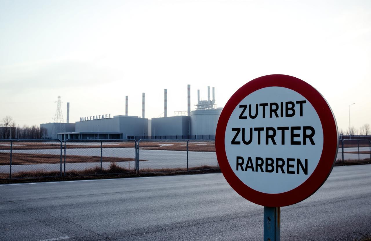 Leeres Industriegelände am Stadtrand Magdeburgs mit Zaun und Halbleiterfabrik im Hintergrund – Symbolbild Intel-Aus Magdeburg