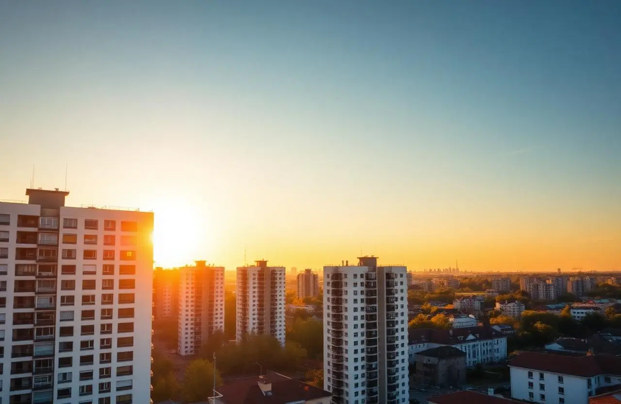 Wohnhochhäuser bei Sonnenaufgang in Leipzig – Symbolbild Renditeimmobilien Mitteldeutschland