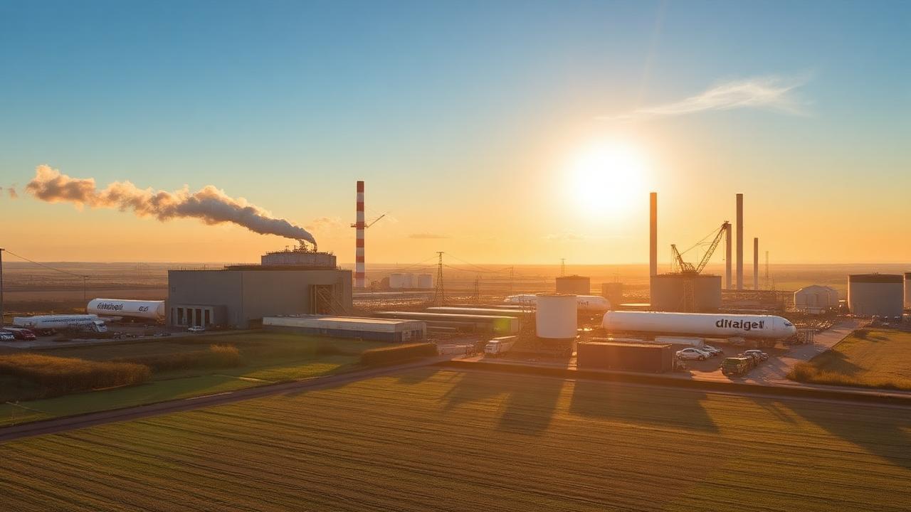 Großbaustelle eines Industrieparks in Mitteldeutschland mit Kränen und Photovoltaikanlagen