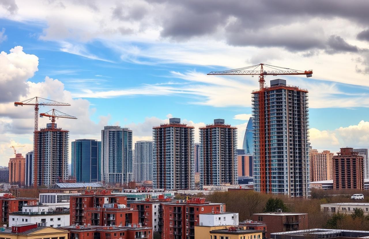 Großstadt-Skyline mit mehreren Baukränen über halbfertigen Wohntürmen unter dramatischem Wolkenhimmel – Projektentwickler-Krise 2026