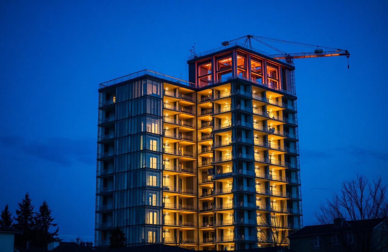 Halbfertiger Hochhaus-Rohbau bei Dämmerung mit stillstehendem Kran – Symbolbild Signa-Insolvenz und Immobilien-Großpleite