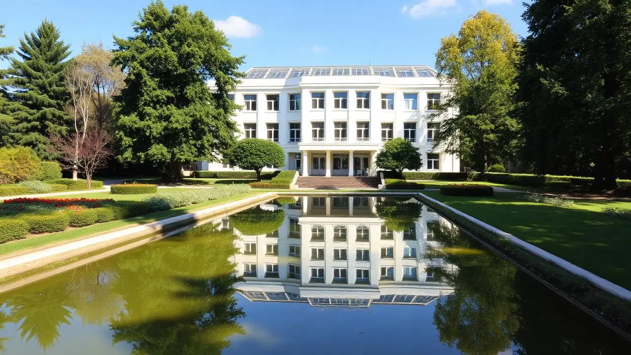 Bauhaus Dessau und Meisterhäuser im Park, weiße Moderne mit Wasserreflexion