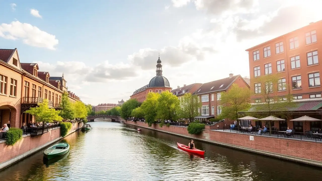 Leipziger Karl-Heine-Kanal mit Kajak und Plagwitz-Backsteinlofts im Sonnenlicht