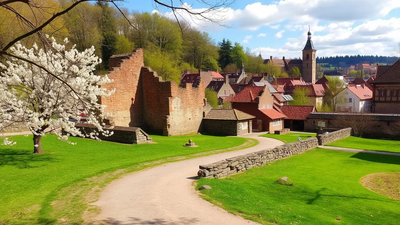 Schlossruine Zerbst und blühender Schlosspark im Frühling mit historischer Altstadt
