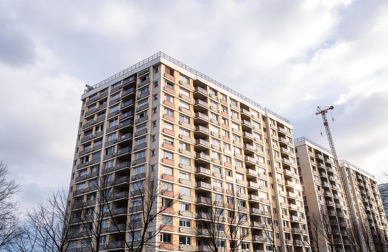 Großer Wohnblock mit gelber Fassade und Baukran unter wolkigem Himmel – Symbolbild Krise großer Wohnungskonzerne wie Vonovia und Adler
