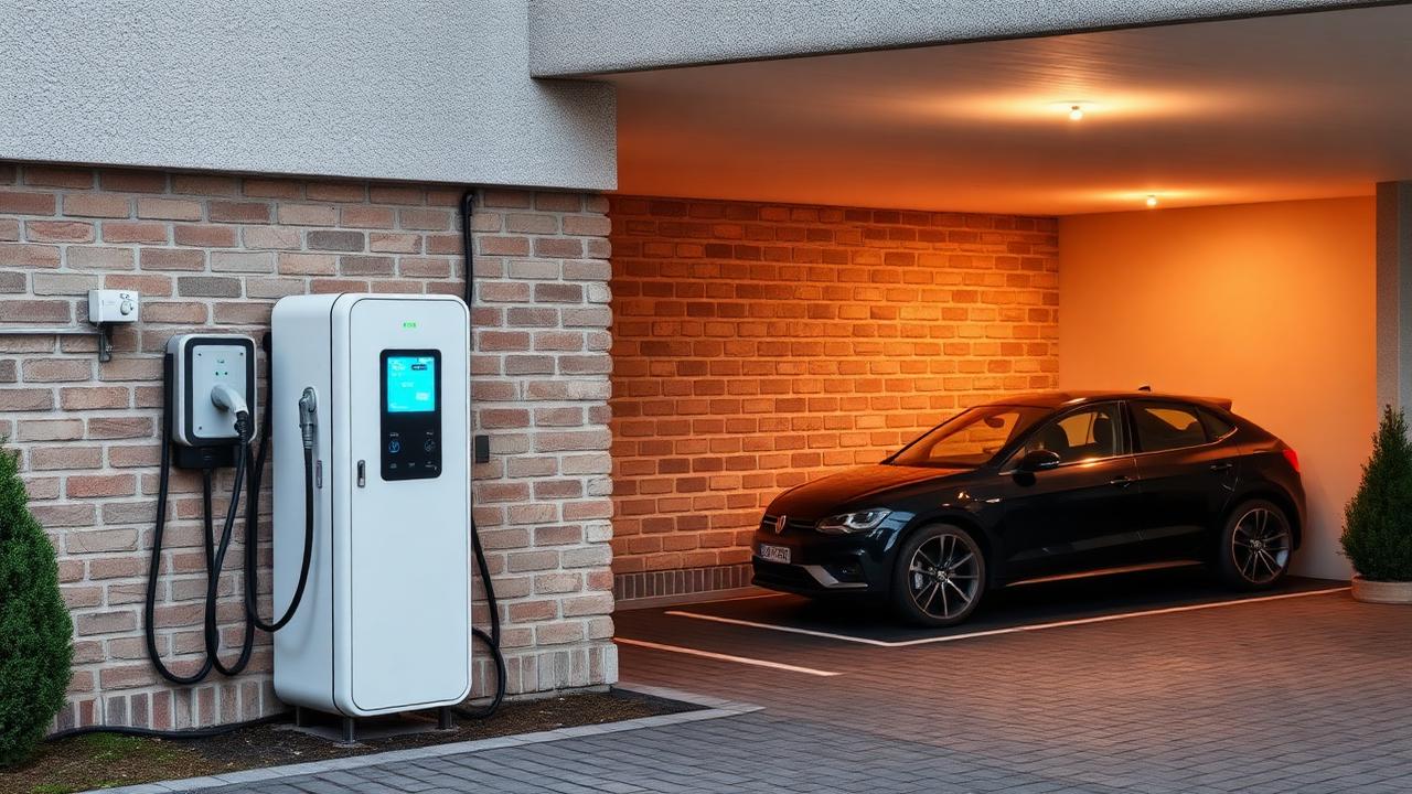 Wallbox an einem modernen Mehrfamilienhaus mit E-Auto an der Ladestation – Wallbox in der WEG